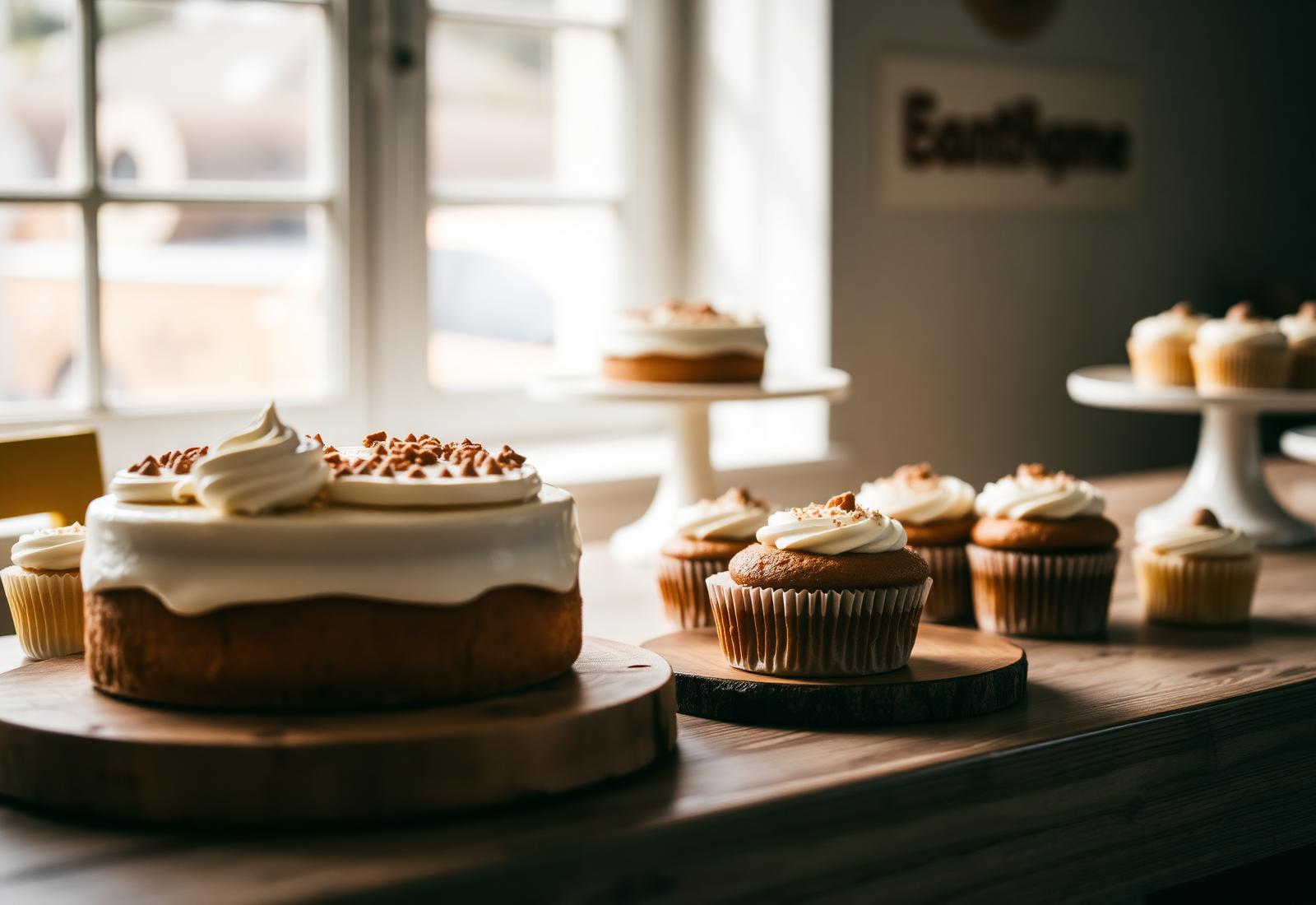 Freshly baked homemade cakes and cupcakes on a table in a London home bakery