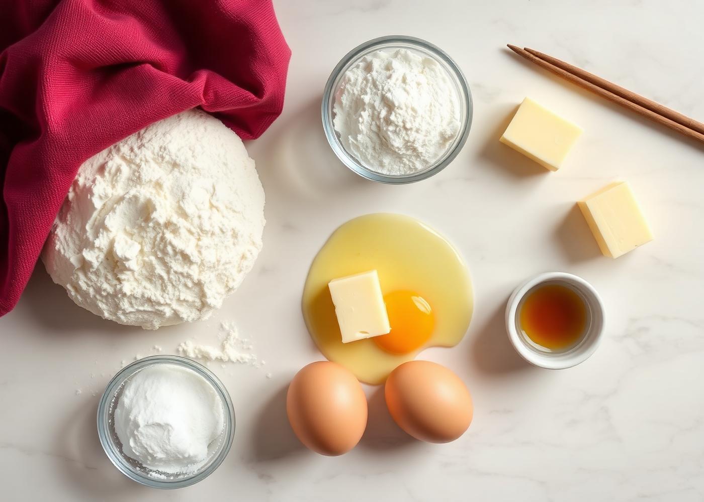 Flat lay of baking ingredients: flour, eggs, butter and vanilla