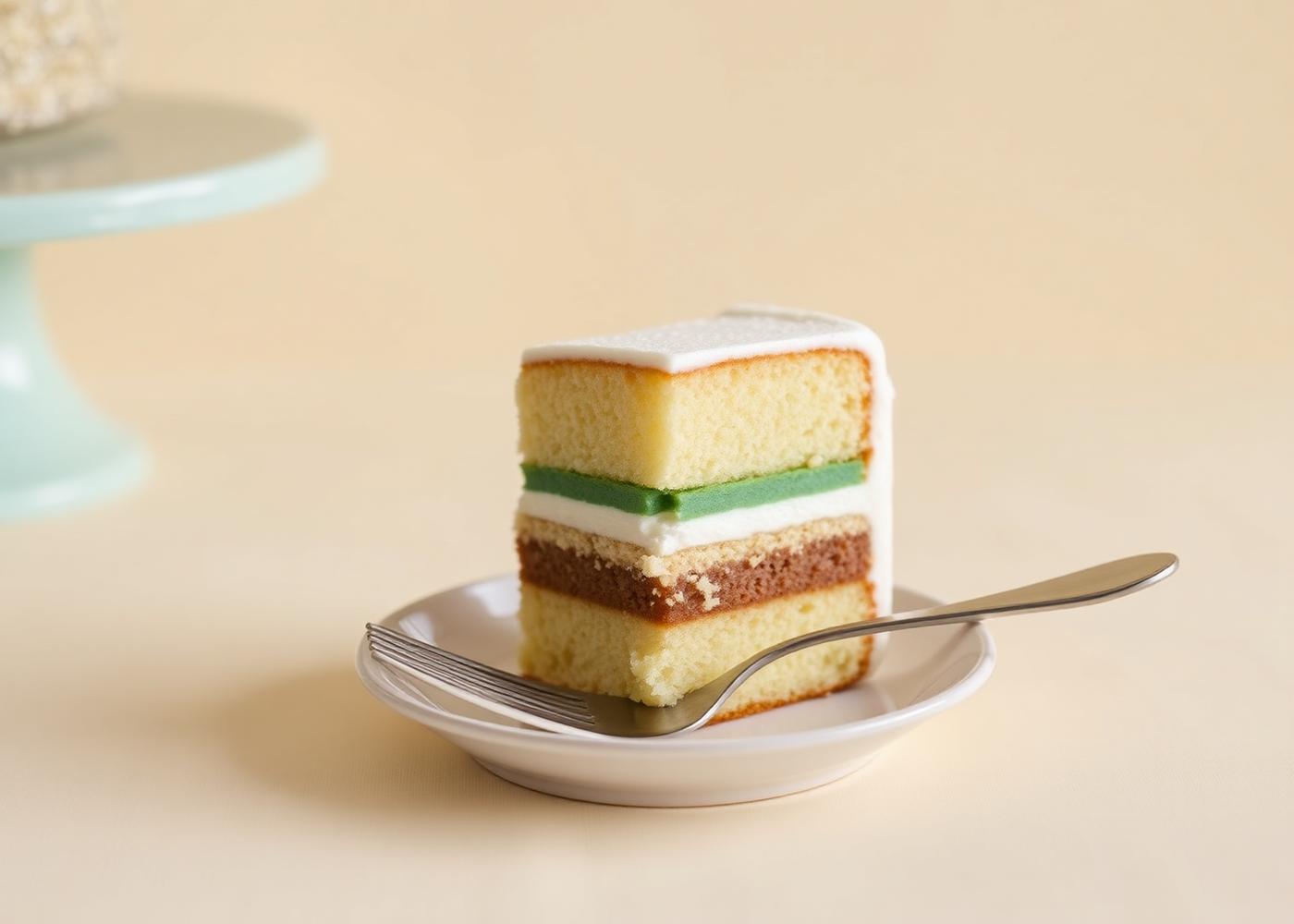Slice of homemade layered sponge cake on a plate