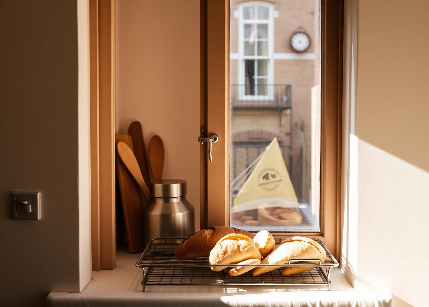 Fresh homemade bread cooling by a London kitchen window