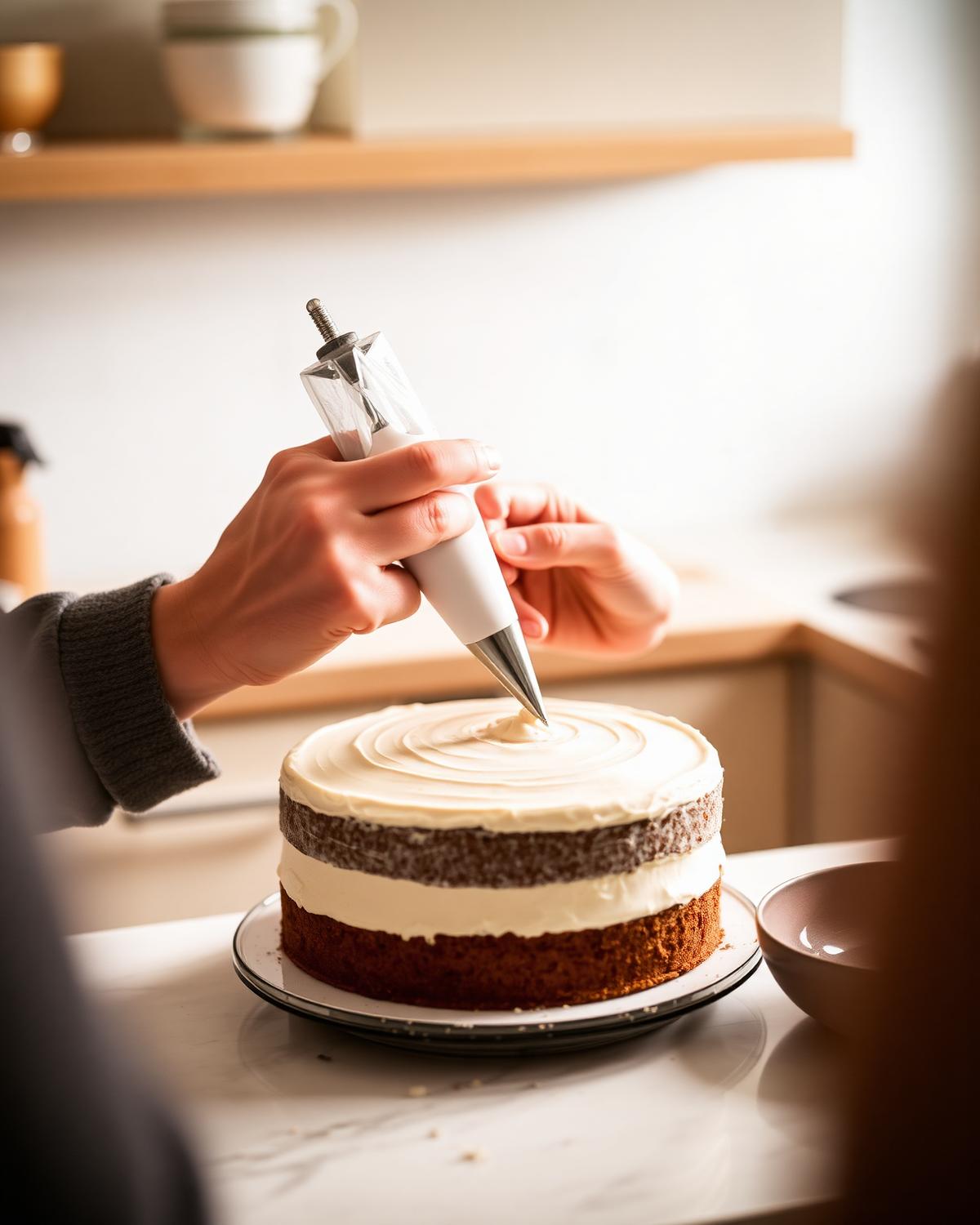 Behind the scenes piping buttercream onto a homemade cake